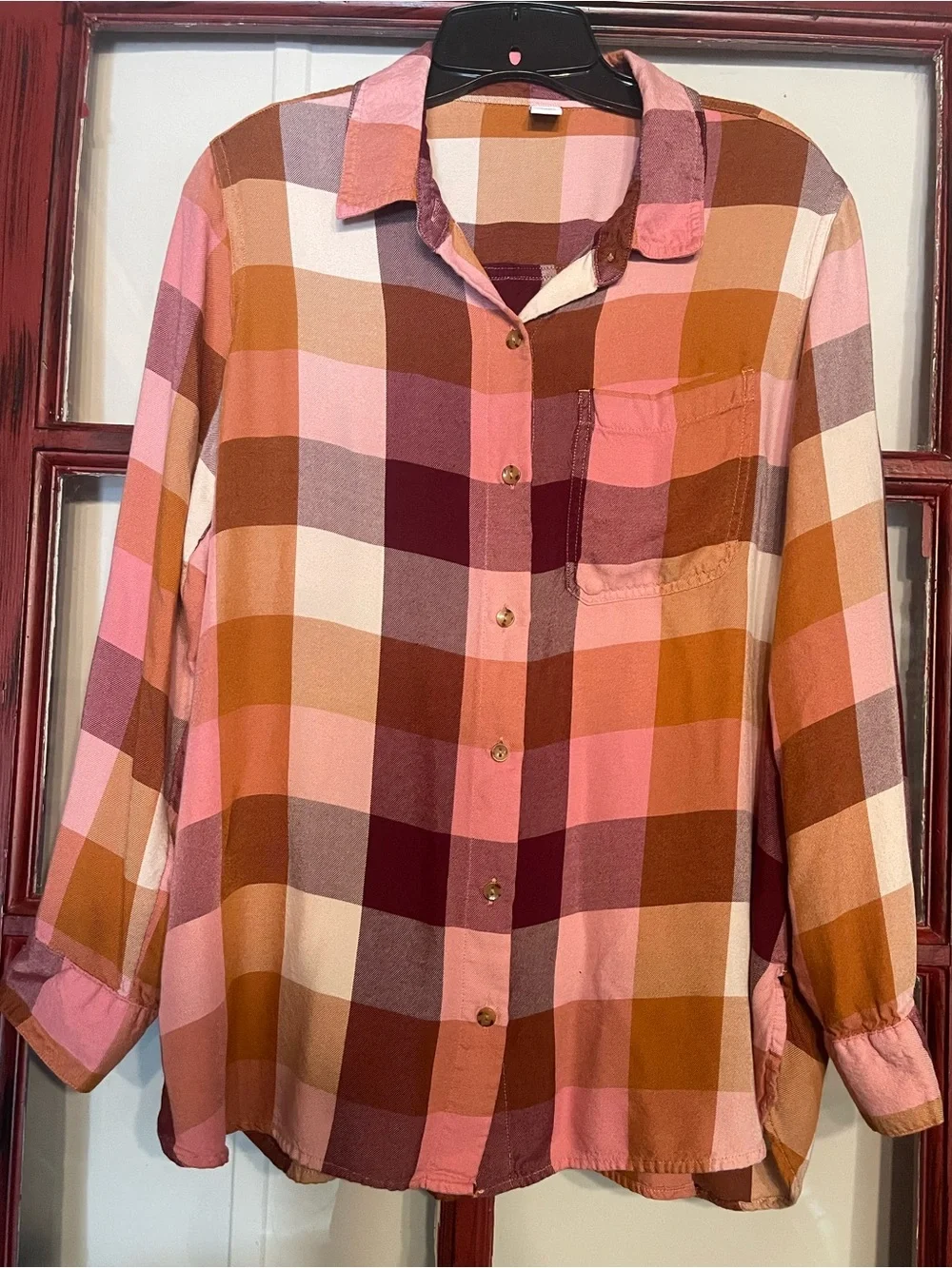Old Navy Plaid Button-Front Women’s Shirt - Pink & Brown